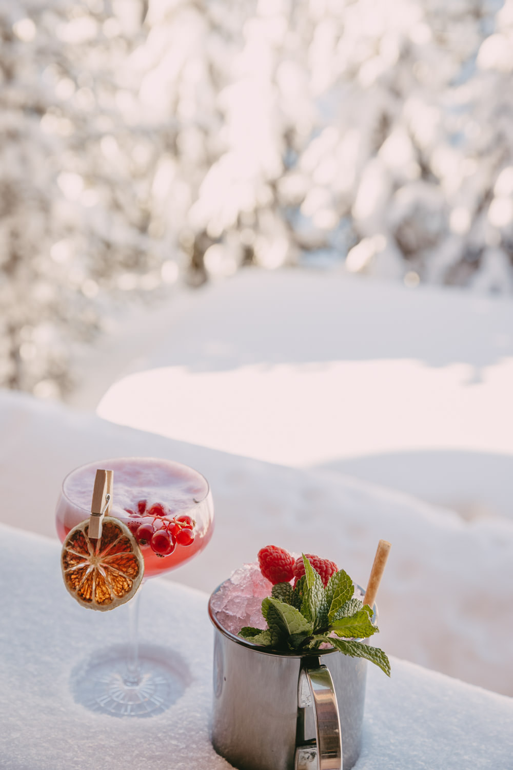 colorful cocktails in the snow at Airelles Courchevel